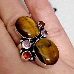 New Tigers Eye, Pink Topaz, Garnet 925 Silver Ring.